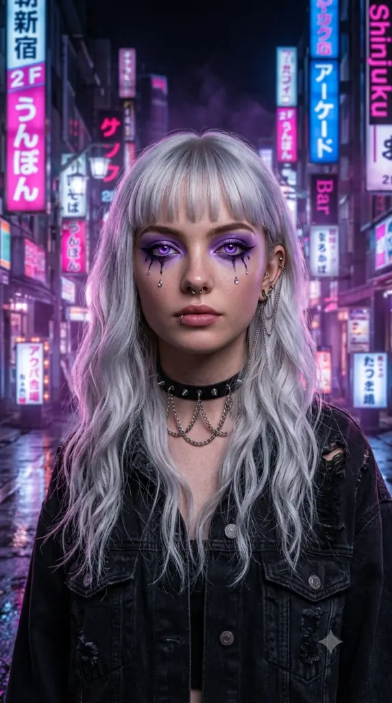 Cyberpunk Goth Girl in Neon Tokyo Night | Realistic Alt Street Portrait - Gemini prompt