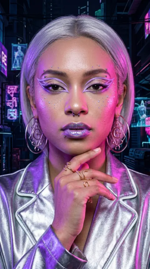 Korean Girl with Silver Hair in Neon Purple Glow | Futuristic Chroma Portrait AI - AI prompt for Gemini